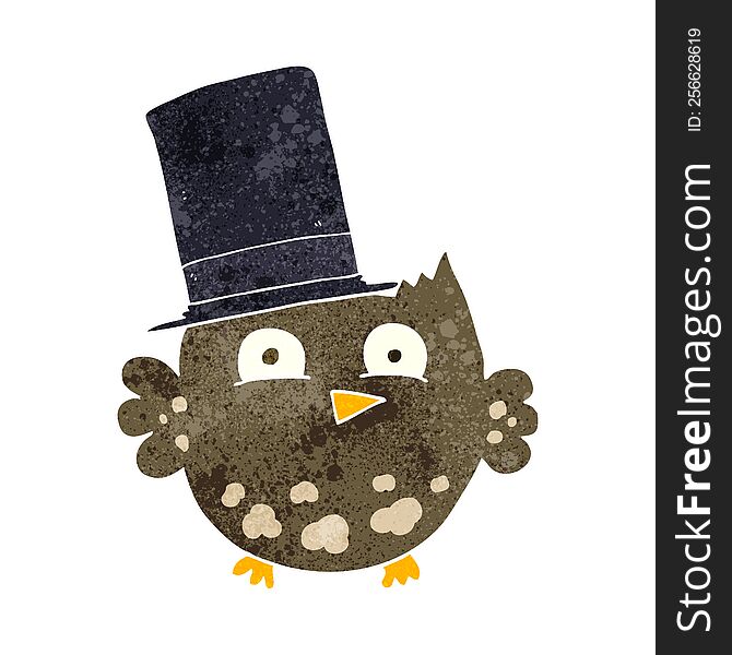 freehand retro cartoon little owl with top hat