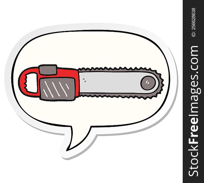 cartoon chainsaw with speech bubble sticker. cartoon chainsaw with speech bubble sticker