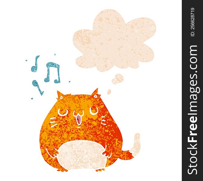 Cartoon Cat Singing And Thought Bubble In Retro Textured Style