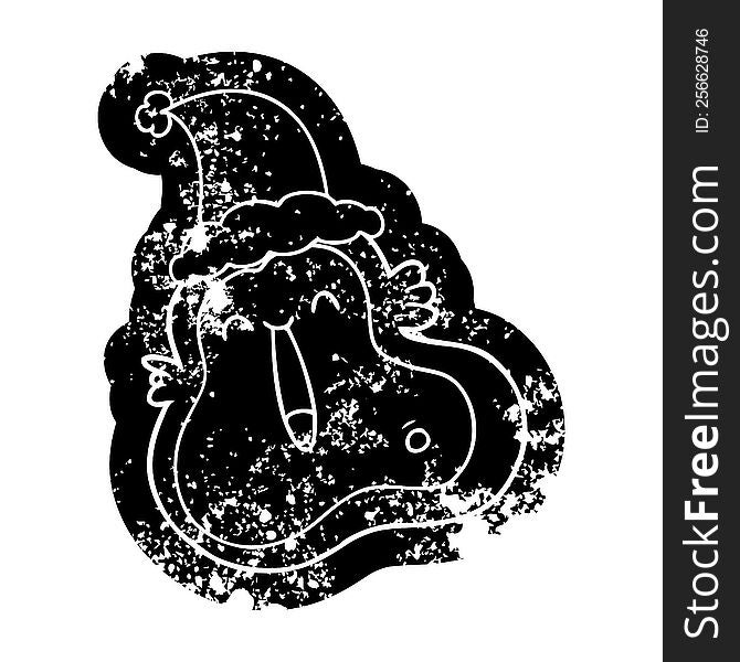 quirky cartoon distressed icon of a germ wearing santa hat