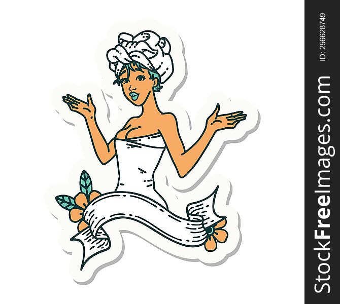 sticker of tattoo in traditional style of a pinup girl in towel with banner. sticker of tattoo in traditional style of a pinup girl in towel with banner
