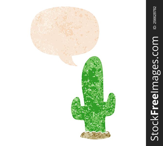 cartoon cactus with speech bubble in grunge distressed retro textured style. cartoon cactus with speech bubble in grunge distressed retro textured style