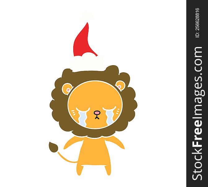 Crying Flat Color Illustration Of A Lion Wearing Santa Hat