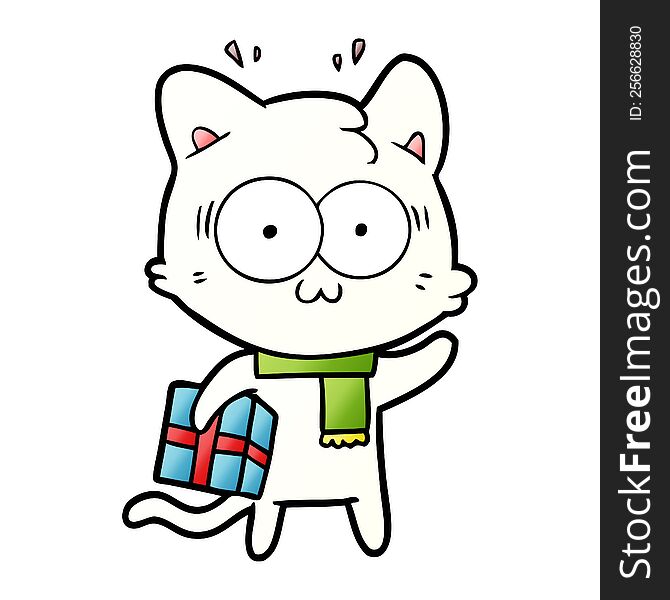 cartoon surprised cat with christmas present. cartoon surprised cat with christmas present