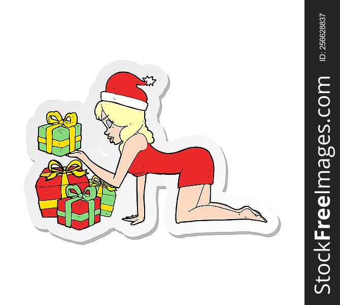 sticker of a cartoon woman opening presents