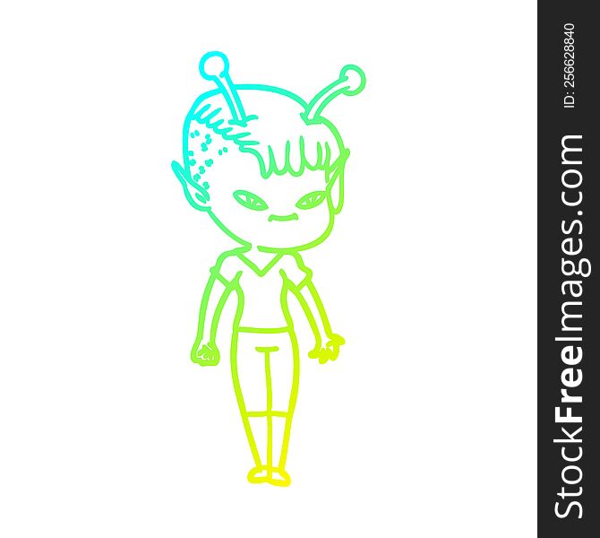 cold gradient line drawing of a cute cartoon alien girl