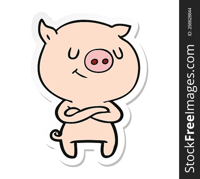 Sticker Of A Happy Cartoon Pig With Crossed Arms