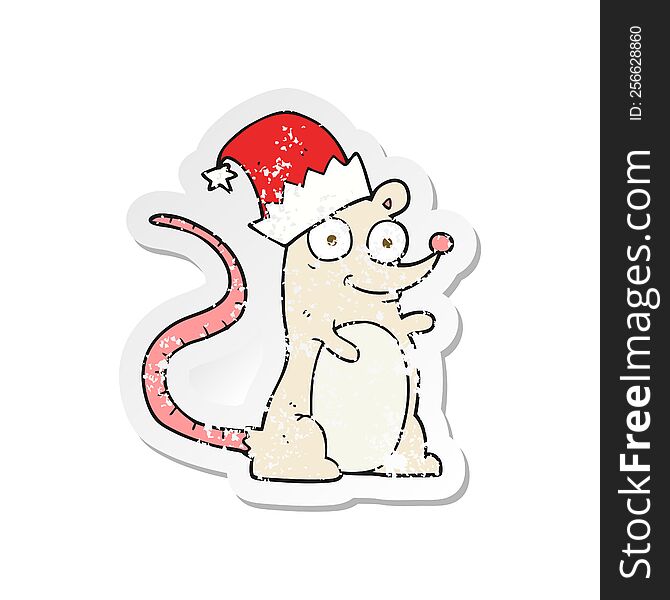 retro distressed sticker of a cartoon mouse wearing christmas hat