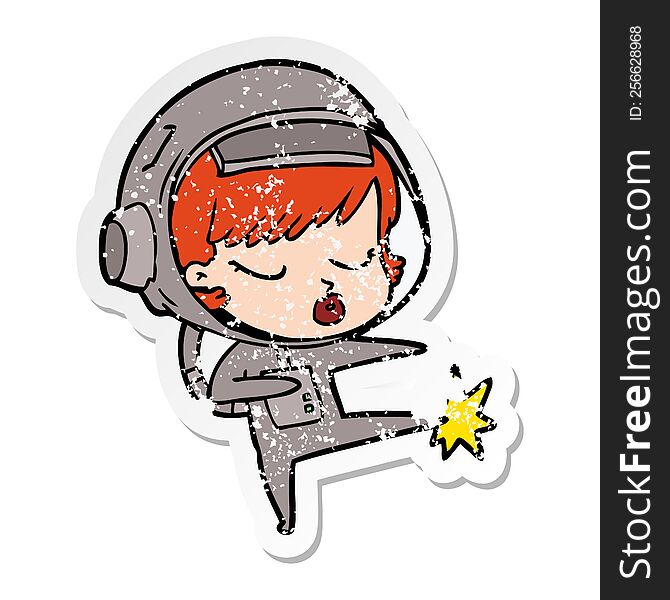 distressed sticker of a cartoon pretty astronaut girl karate kicking