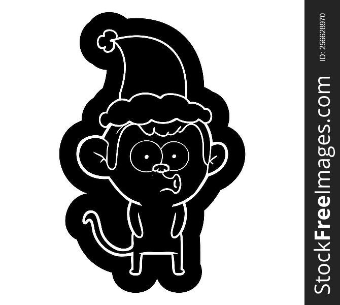 quirky cartoon icon of a hooting monkey wearing santa hat