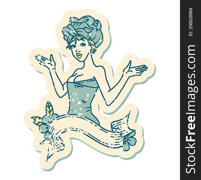 Distressed Sticker Tattoo Style Icon Of A Pinup Girl In Towel With Banner