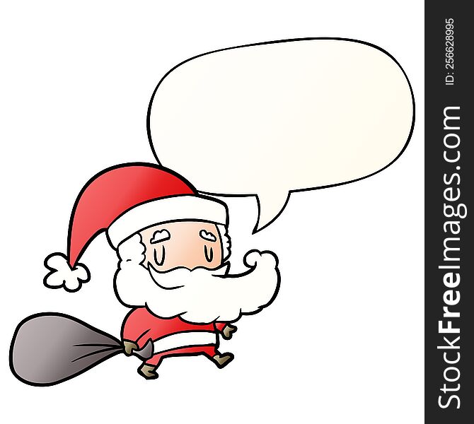 cartoon santa claus carrying sack of presents and speech bubble in smooth gradient style