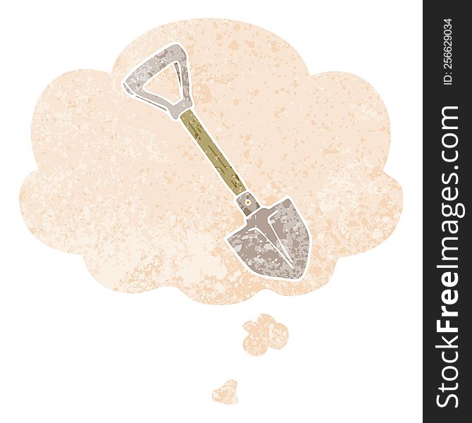 cartoon shovel with thought bubble in grunge distressed retro textured style. cartoon shovel with thought bubble in grunge distressed retro textured style