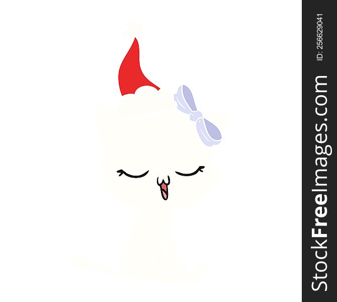 hand drawn flat color illustration of a cat with bow on head wearing santa hat