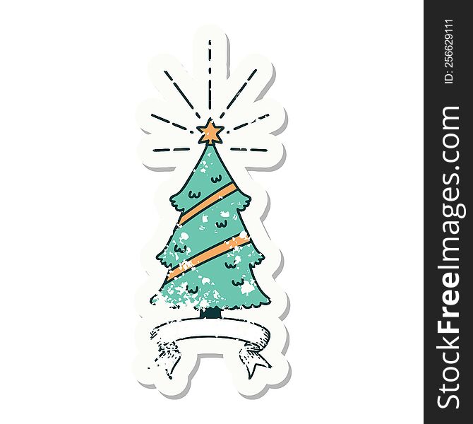 worn old sticker of a tattoo style christmas tree with star. worn old sticker of a tattoo style christmas tree with star