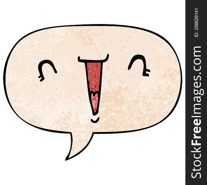 cute cartoon face with speech bubble in retro texture style