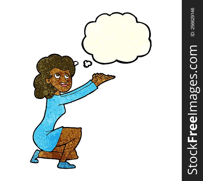 cartoon woman presentation gesture with thought bubble