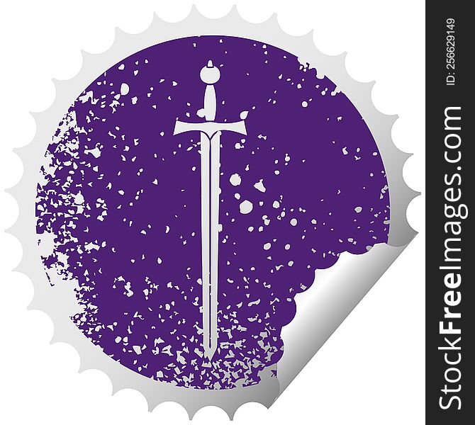 Quirky Distressed Circular Peeling Sticker Symbol Sword