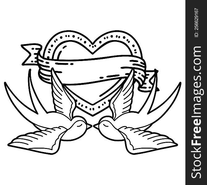 Black Line Tattoo Of A Swallows And A Heart With Banner