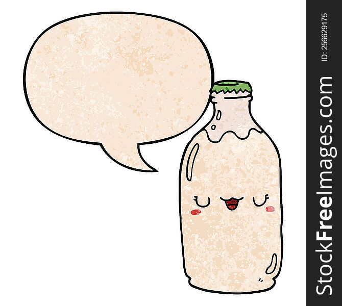 Cute Cartoon Milk Bottle And Speech Bubble In Retro Texture Style