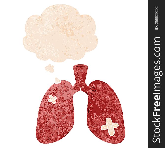 Cartoon Repaired Lungs And Thought Bubble In Retro Textured Style