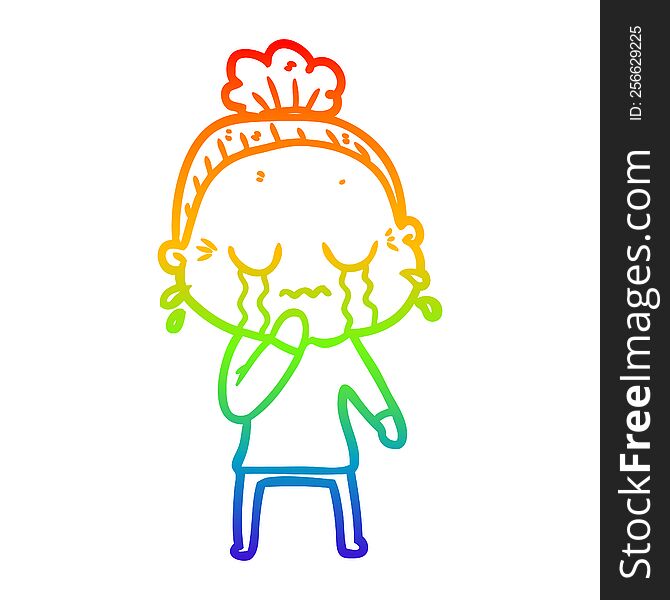 Rainbow Gradient Line Drawing Cartoon Old Woman Crying