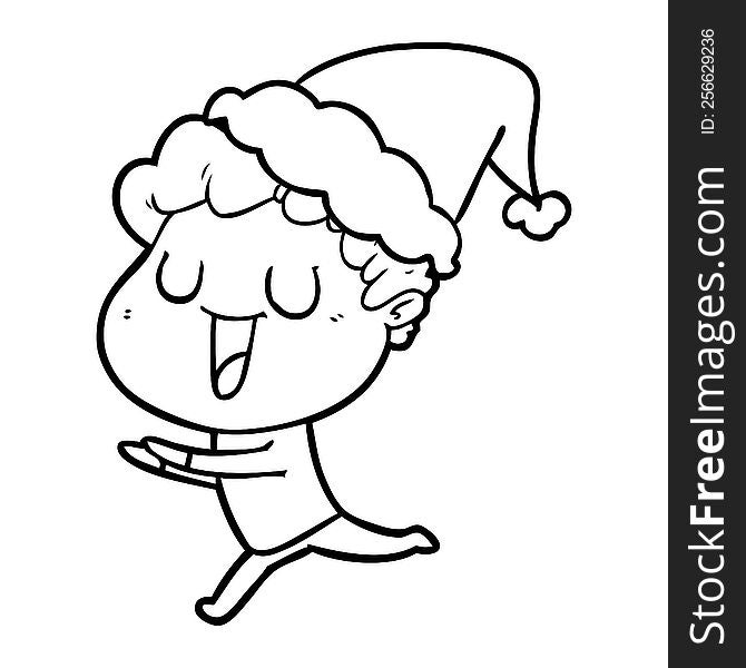 Laughing Line Drawing Of A Man Running Wearing Santa Hat