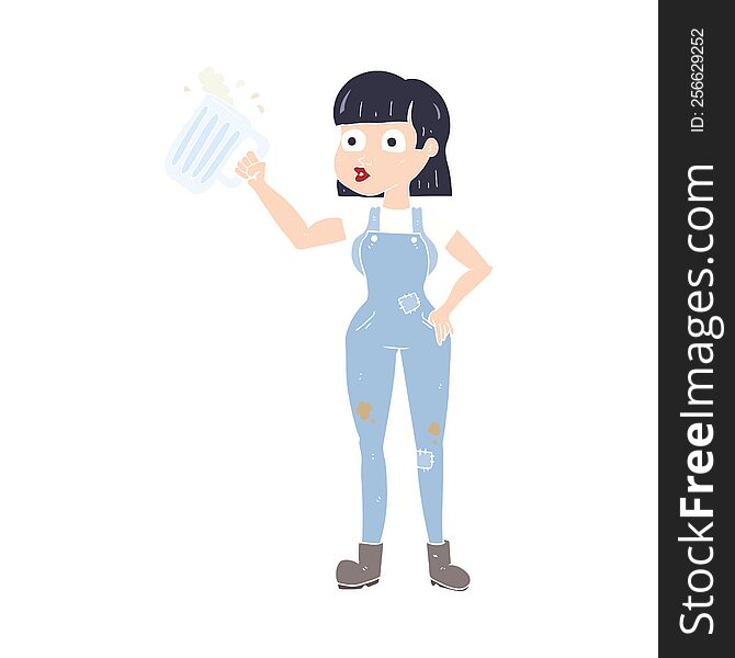 Flat Color Illustration Of A Cartoon Woman With Beer