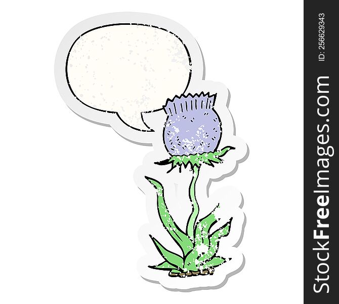 cartoon wild flower with speech bubble distressed distressed old sticker. cartoon wild flower with speech bubble distressed distressed old sticker