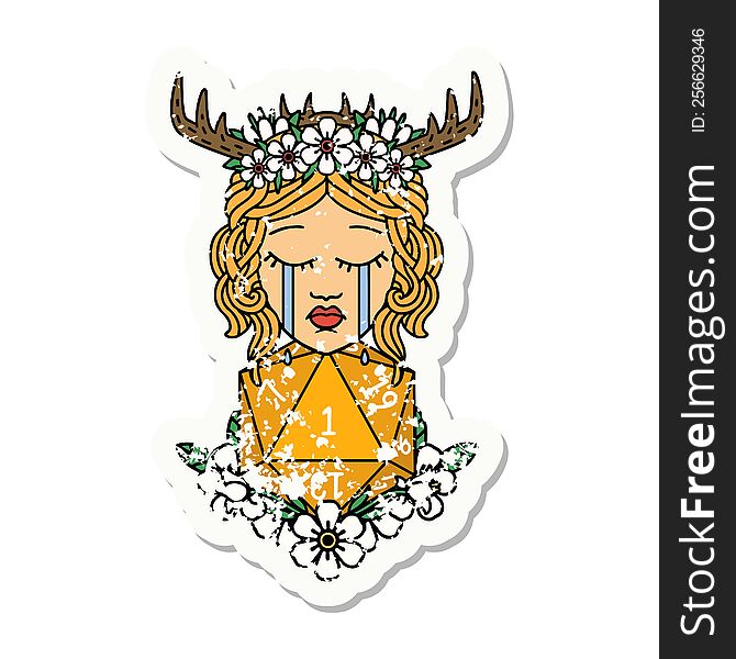 Crying Human Druid With Natural One D20 Roll Grunge Sticker