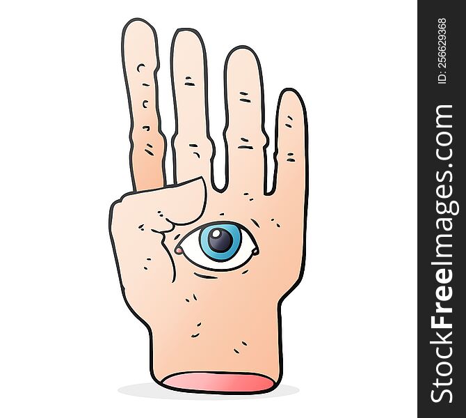 freehand drawn cartoon spooky hand with eyeball