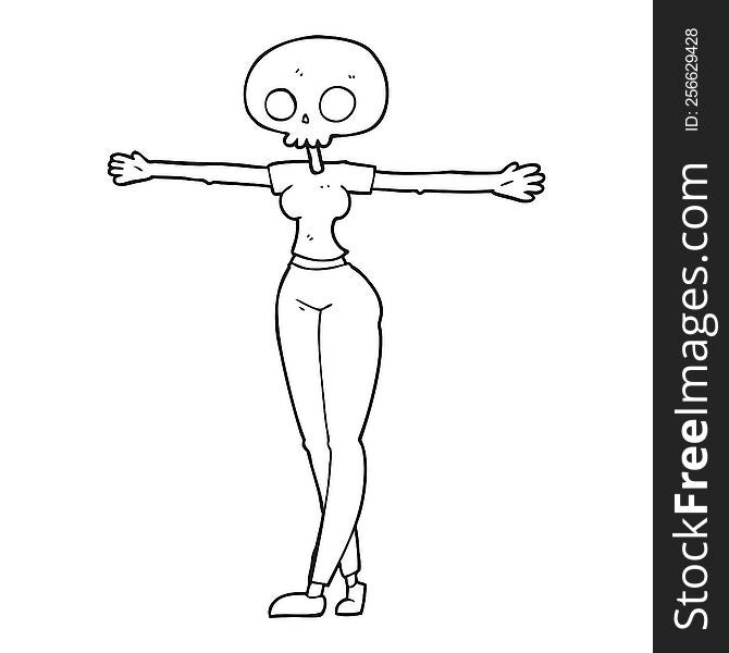 freehand drawn black and white cartoon zombie woman