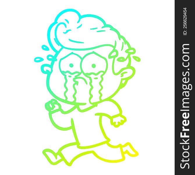 cold gradient line drawing of a cartoon crying man running