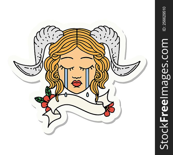 sticker of a crying tiefling character face with scroll banner. sticker of a crying tiefling character face with scroll banner