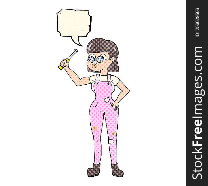 freehand drawn comic book speech bubble cartoon female mechanic