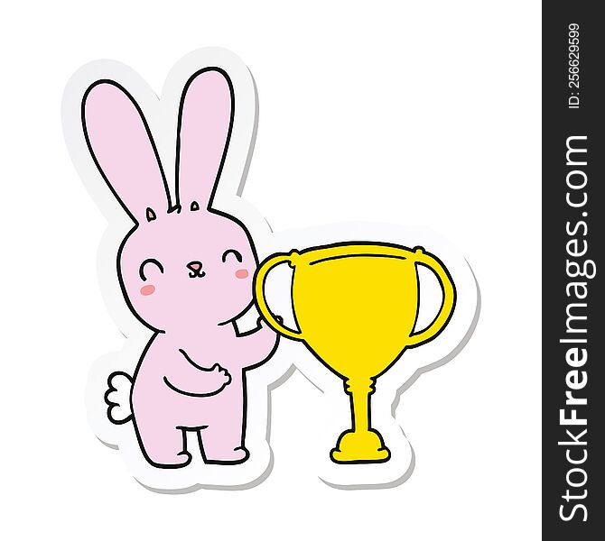 sticker of a cute cartoon rabbit with sports trophy cup