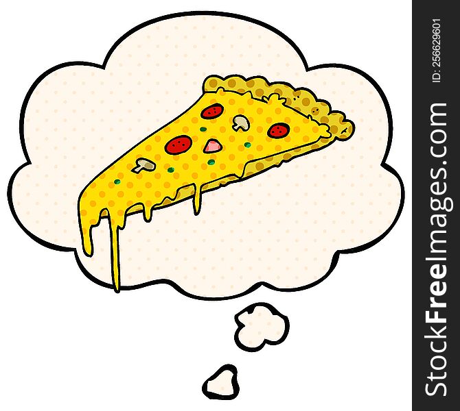 cartoon pizza slice with thought bubble in comic book style