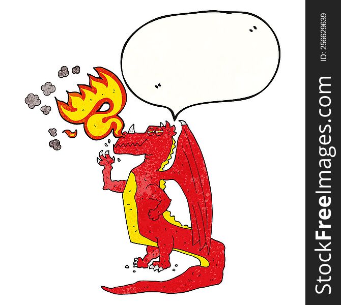 freehand speech bubble textured cartoon happy dragon breathing fire