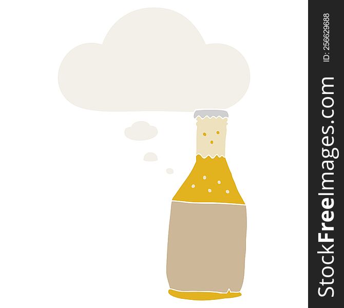 cartoon beer bottle with thought bubble in retro style