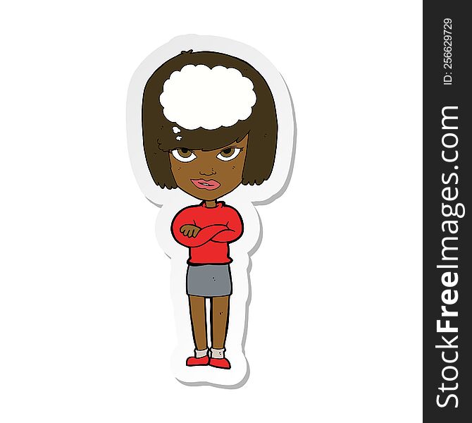 sticker of a cartoon woman with folded arms imagining