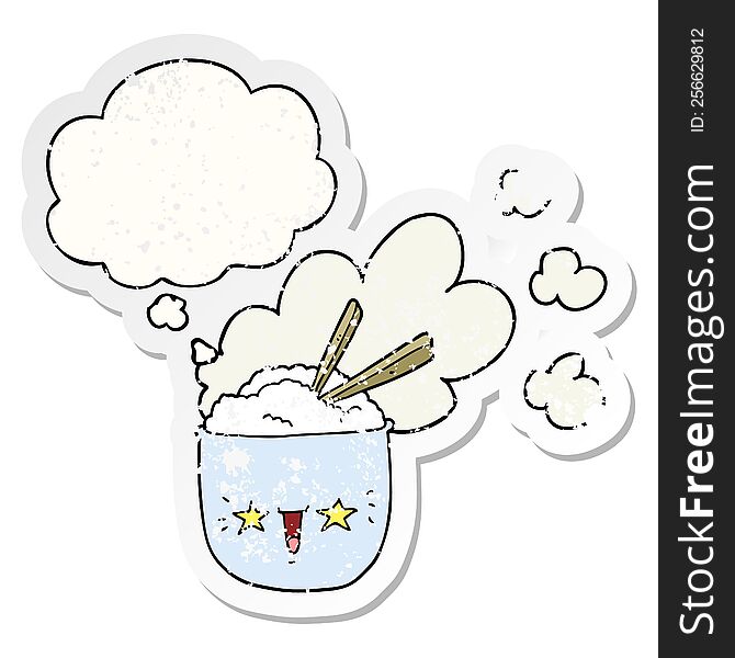 Cute Cartoon Hot Rice Bowl And Thought Bubble As A Distressed Worn Sticker