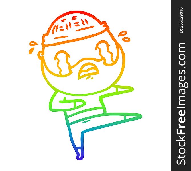 rainbow gradient line drawing of a cartoon bearded dancer crying