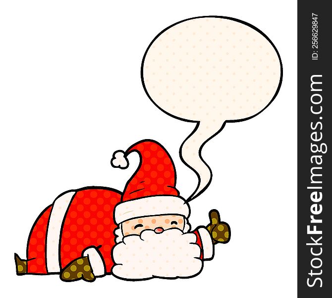 cartoon sleepy santa giving thumbs up symbol with speech bubble in comic book style