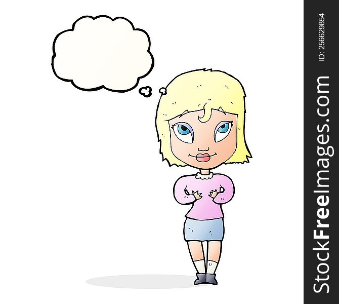 cartoon woman gesturing at self with thought bubble