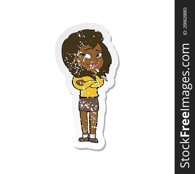 Retro Distressed Sticker Of A Cartoon Woman With Crossed Arms