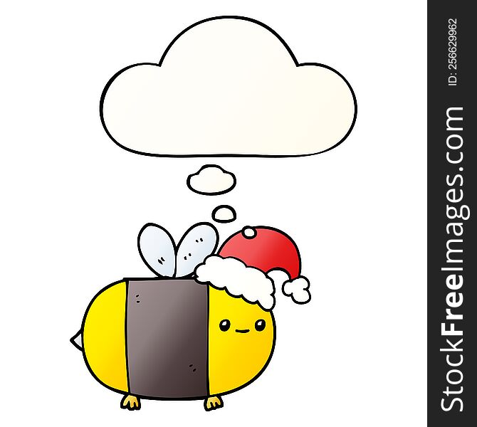 cartoon christmas bee with thought bubble in smooth gradient style