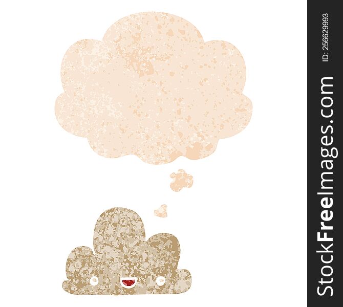 cartoon tiny happy cloud with thought bubble in grunge distressed retro textured style. cartoon tiny happy cloud with thought bubble in grunge distressed retro textured style