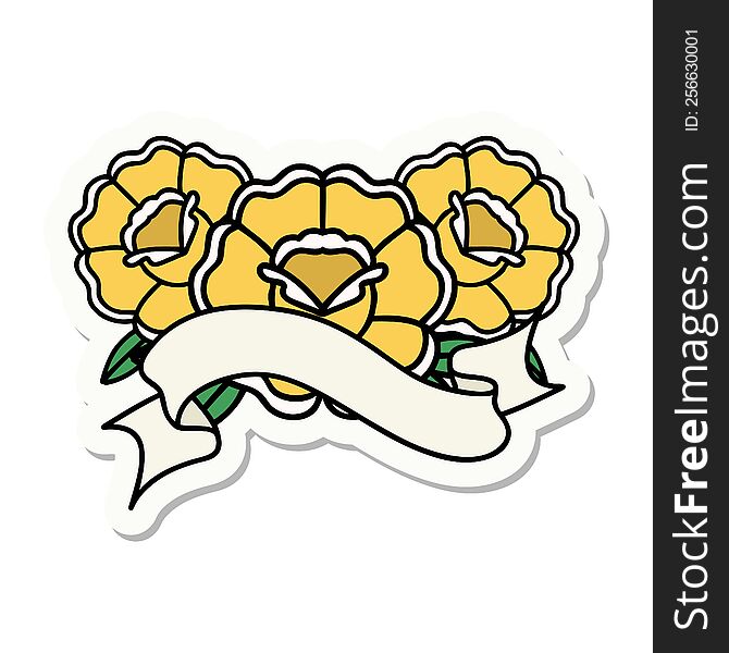 tattoo sticker with banner of a bouquet of flowers