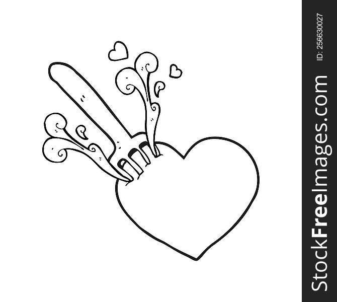 freehand drawn black and white cartoon fork in heart