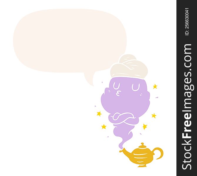 Cute Cartoon Genie Rising Out Of Lamp And Speech Bubble In Retro Style